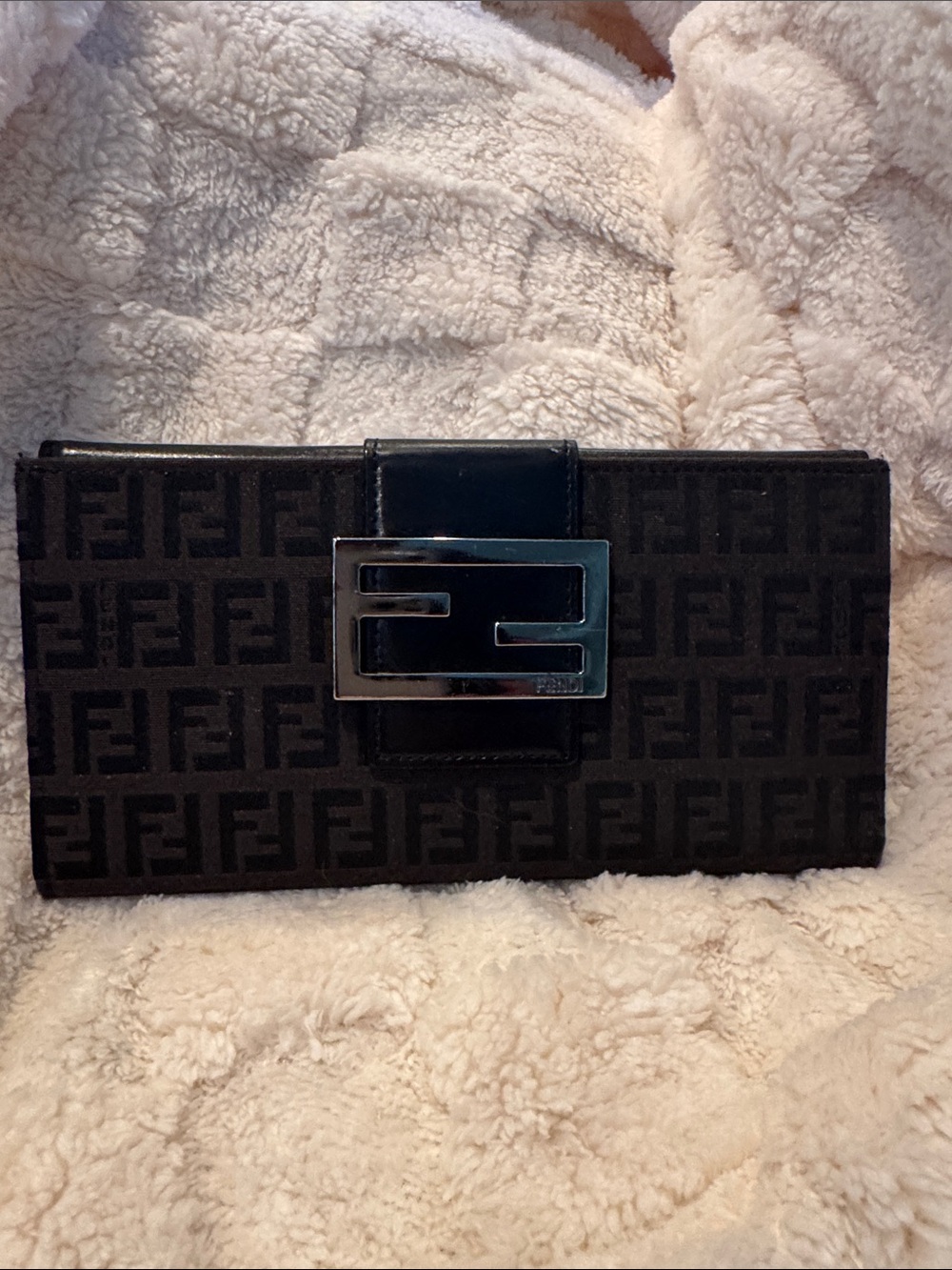 Fendi Black Zucca FF Logo Canvas Clutch with Silver Buckle